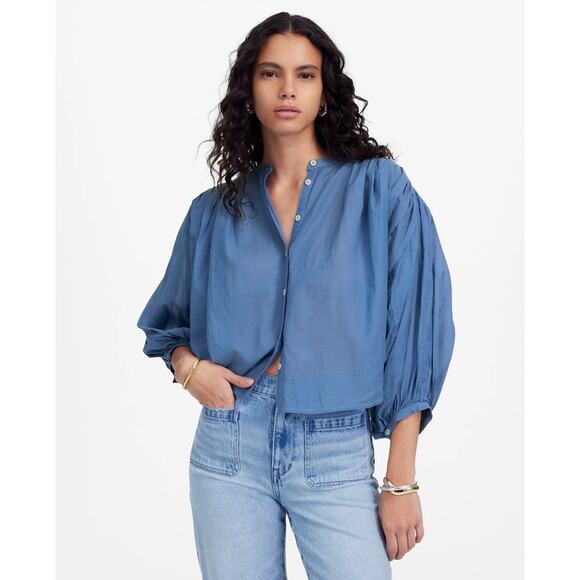 Madewell Balloon Shirred Sleeve Top WMNS S Blue Button Up 3/4 Sleeve Lightweight - Picture 1 of 8